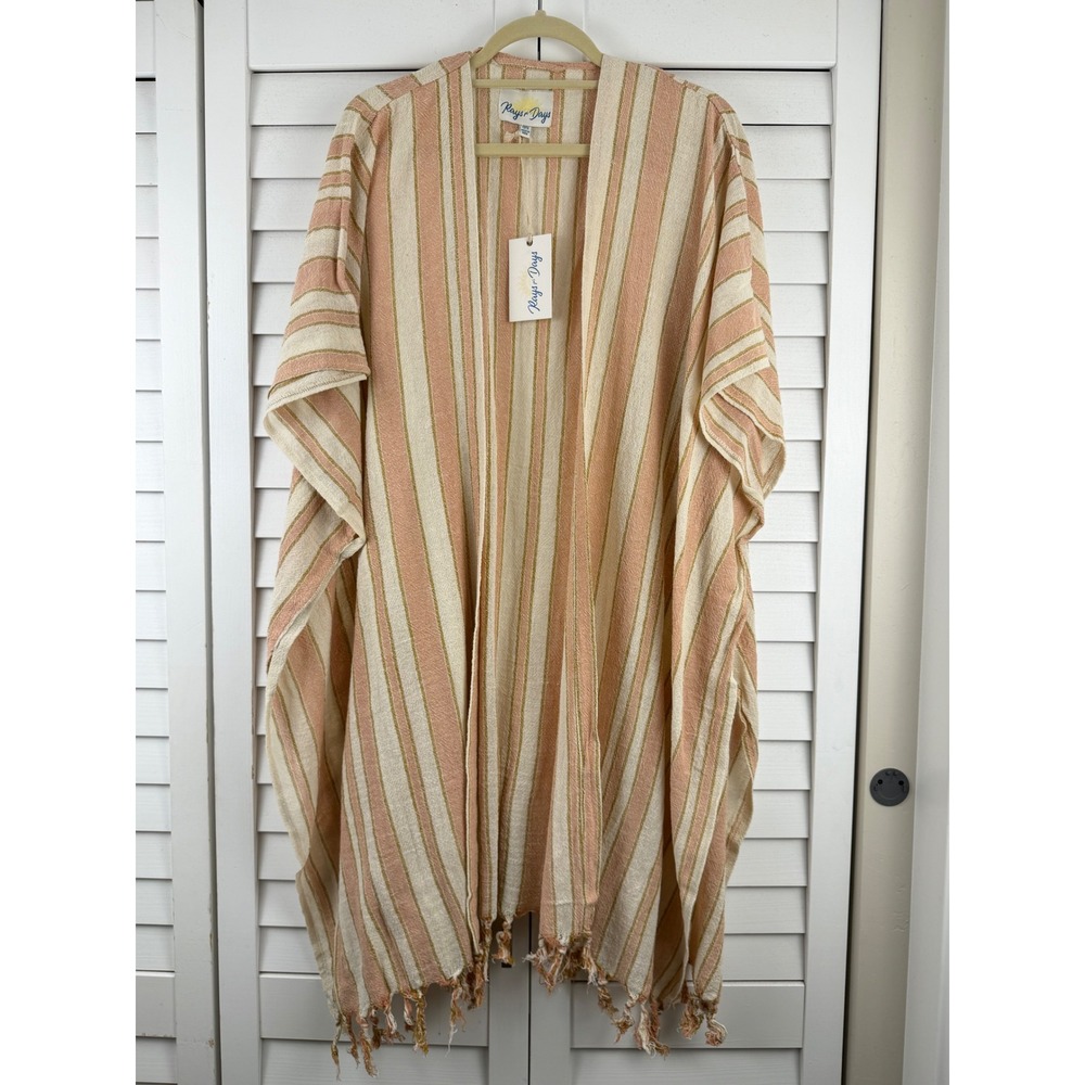 Rays for Days Kimono Wrap OS Peach Cream Striped Fringe Cotton NEW